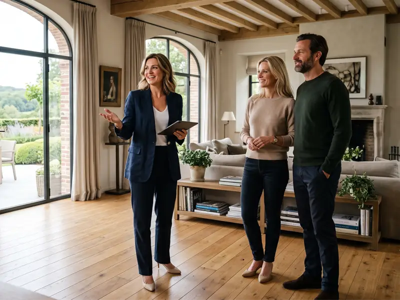 Conseillers Go Prestige accompagnant des clients dans un intérieur de prestige